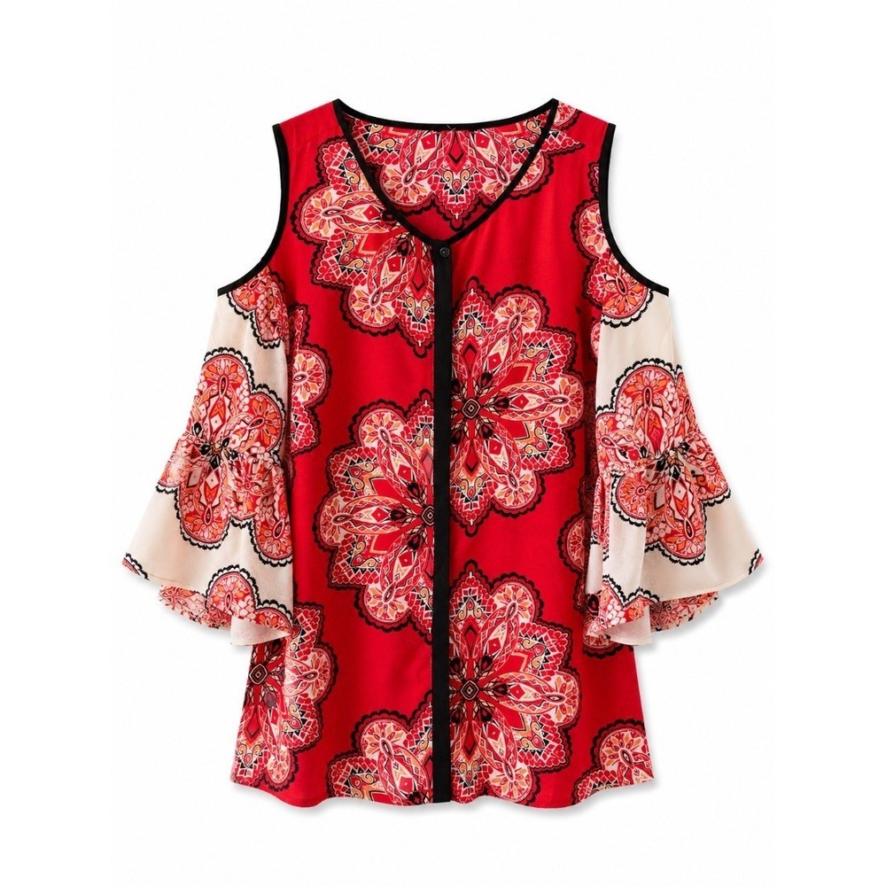 Chicos Womens Red Paisley Mandala Print Cold Shoulder Bell Sleeve Blouse Top siz